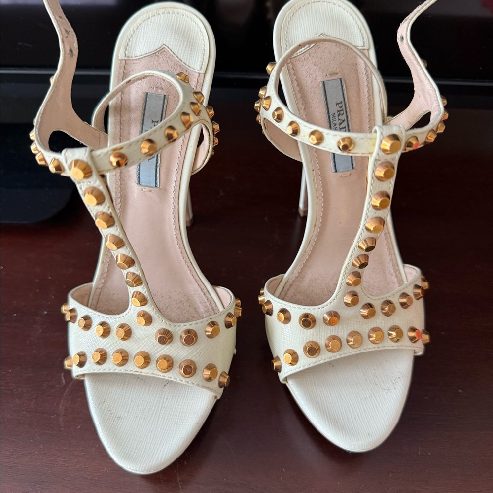 Prada Women's White and Gold Studded Heels